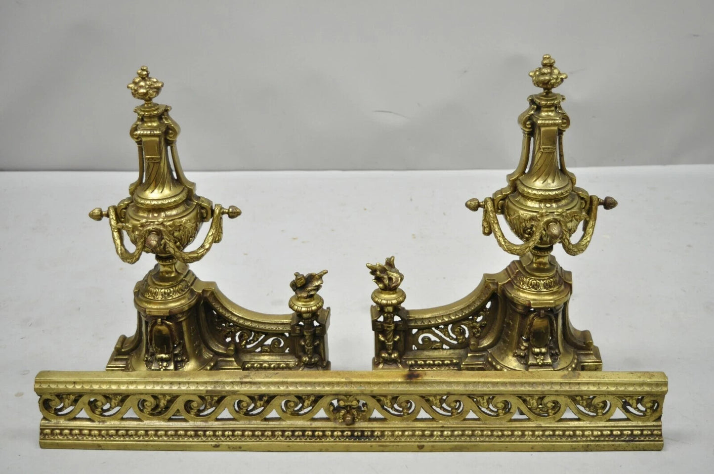 Antique French Louis XVI Brass Bronze Flame Finial Andirons w/ Adjustable Fender