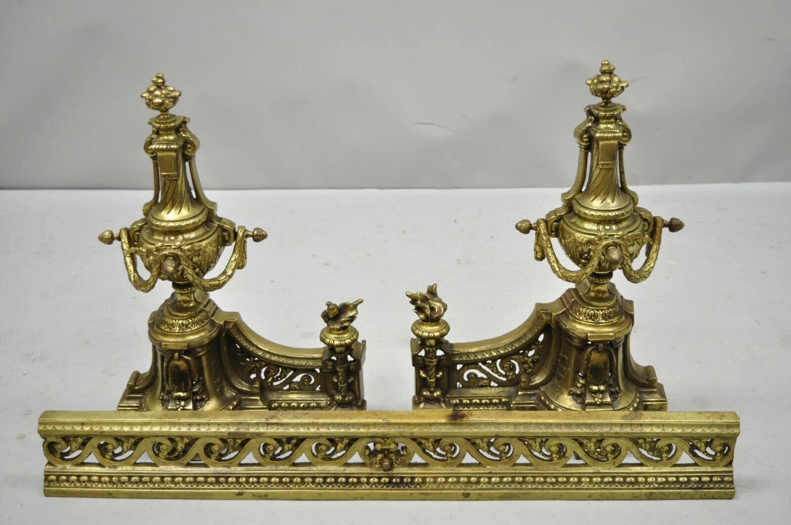 Antique French Louis XVI Brass Bronze Flame Finial Andirons w/ Adjustable Fender