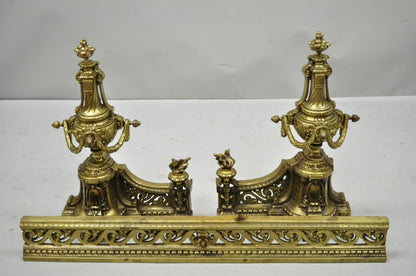 Antique French Louis XVI Brass Bronze Flame Finial Andirons w/ Adjustable Fender