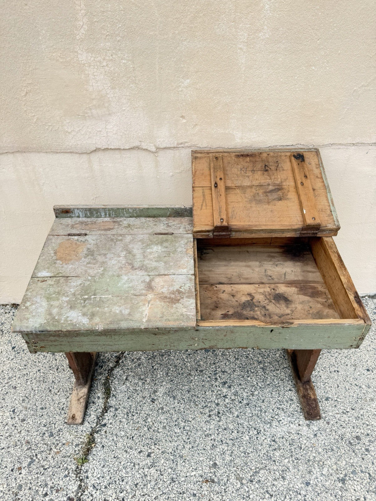 Antique French Primitive Rustic Green Distress Painted Flip Top Wood School Desk