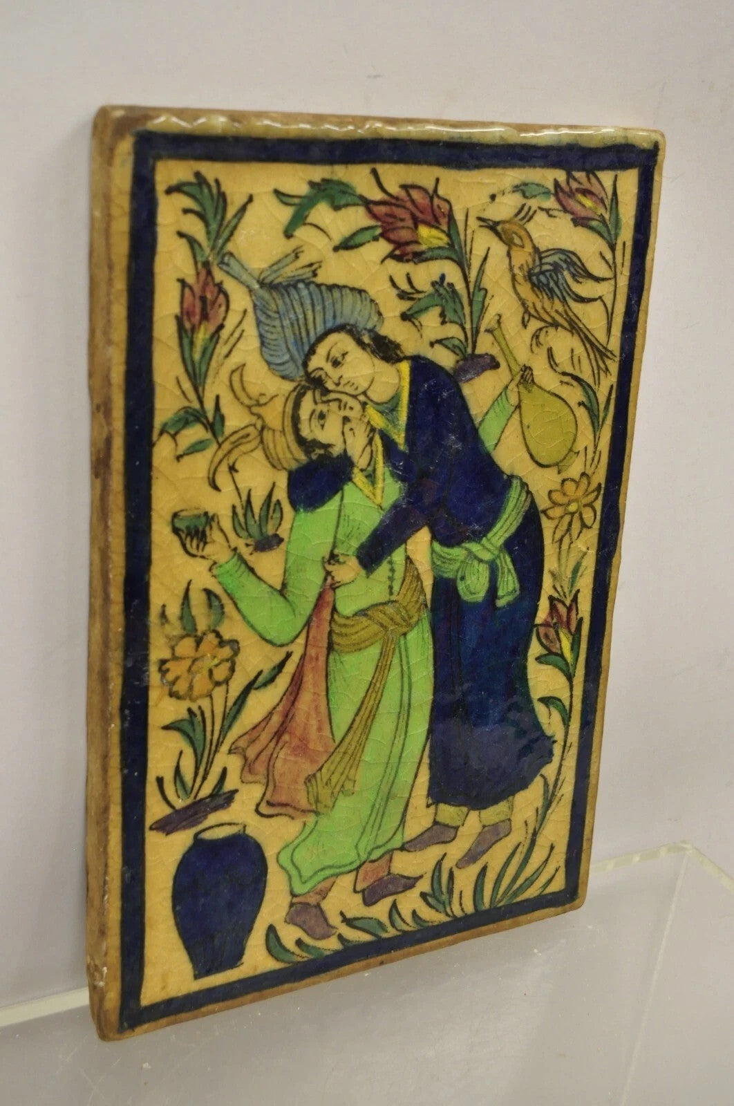 Antique Persian Iznik Qajar Style Ceramic Pottery Tile Blue Man Woman Kissing C2