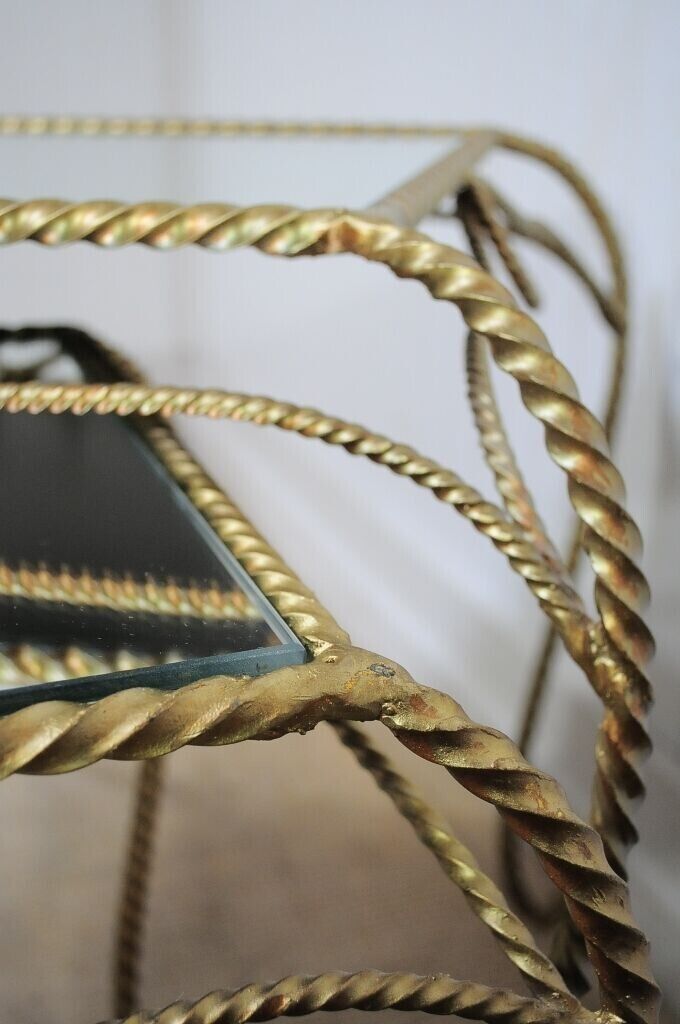Vtg Italian Hollywood Regency Gold Nesting Rope Mirror Tole End Tables Set of 3