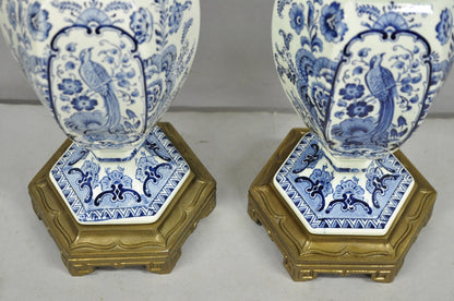 Vintage Chinoiserie Blue & White Porcelain Urn Bird Painted Table Lamps - a Pair