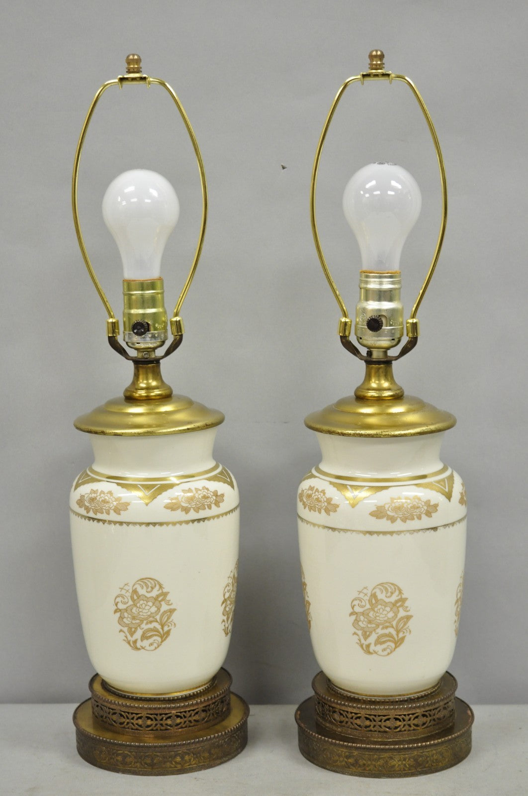 Vintage Victorian Cream & Gold Gilt Porcelain Table Lamps attr Lenox - a Pair