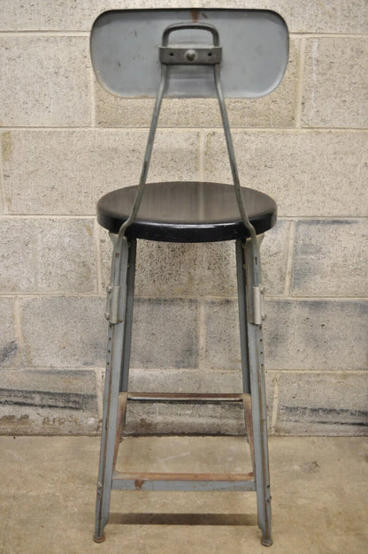 Vintage American Industrial Gray Metal Drafting Stool Artist Work Chair