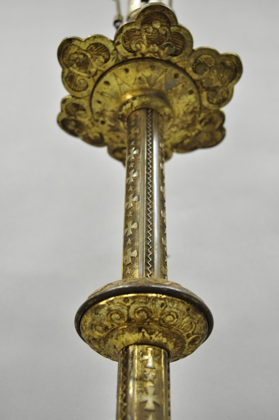 Antique French Renaissance Brass Religious Church Candlestick Table Lamp