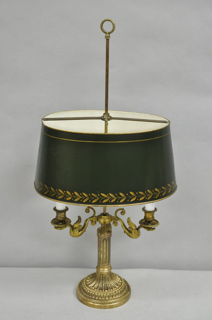 Antique French Empire Bronze Swans Green Tole Metal Shade Bouillotte Table Lamp