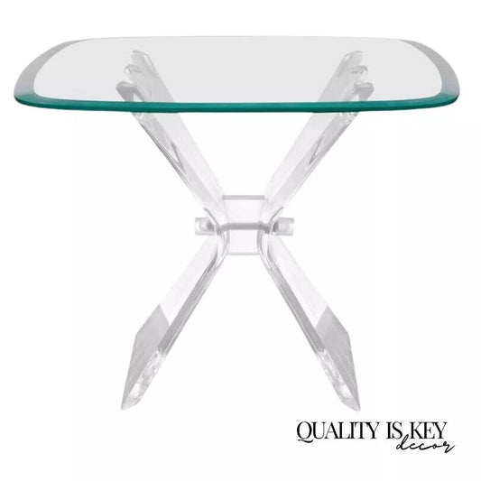 Mid Century Modern Lucite Butterfly Glass Top Side Table after Lion in Frost