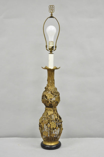 Vintage Italian Hollywood Regency Gold Gilt Metal Lotus & Vine Leaf Table Lamp