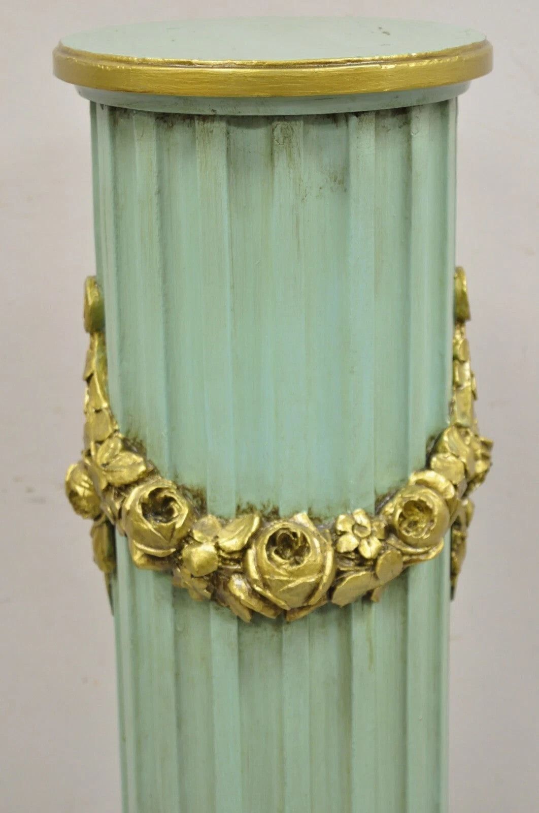 Antique French Empire Neoclassical Green & Gold Painted Wooden Column Pedestal