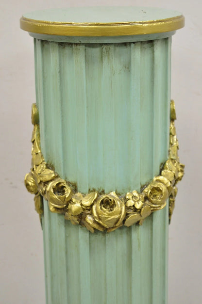 Antique French Empire Neoclassical Green & Gold Painted Wooden Column Pedestal