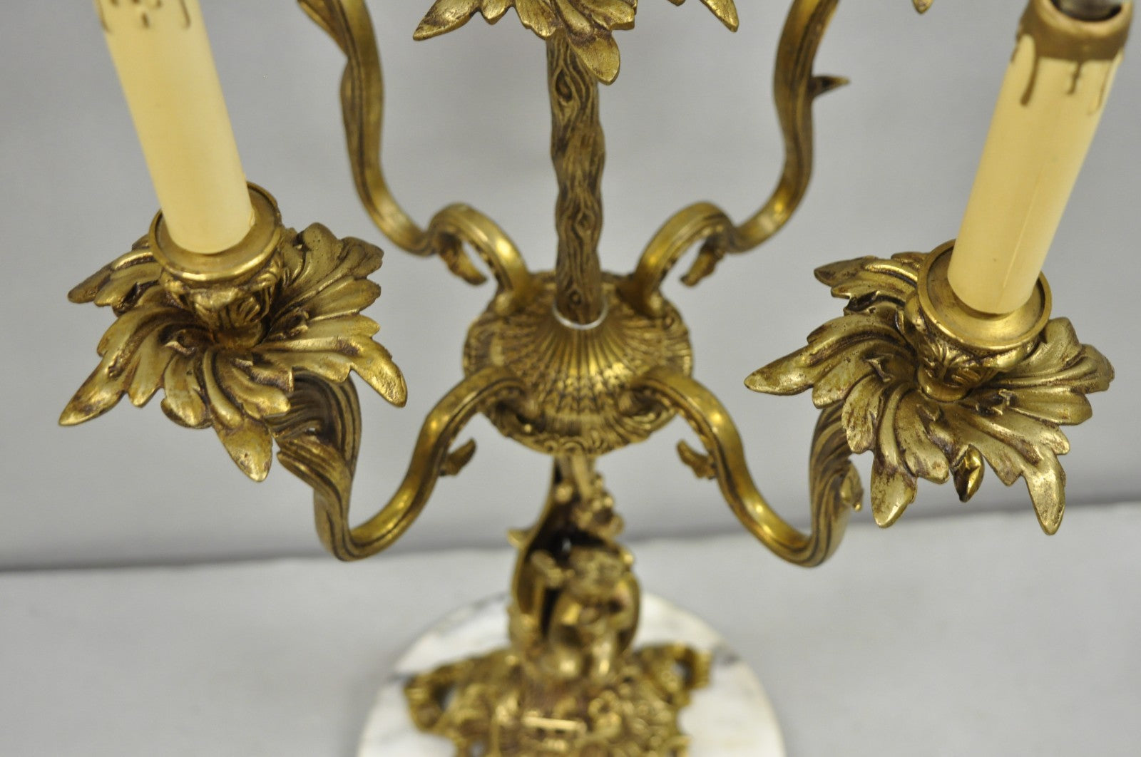 Vintage French Rococo Louis XV Brass Marble Figural Cherub Candelabra Table Lamp