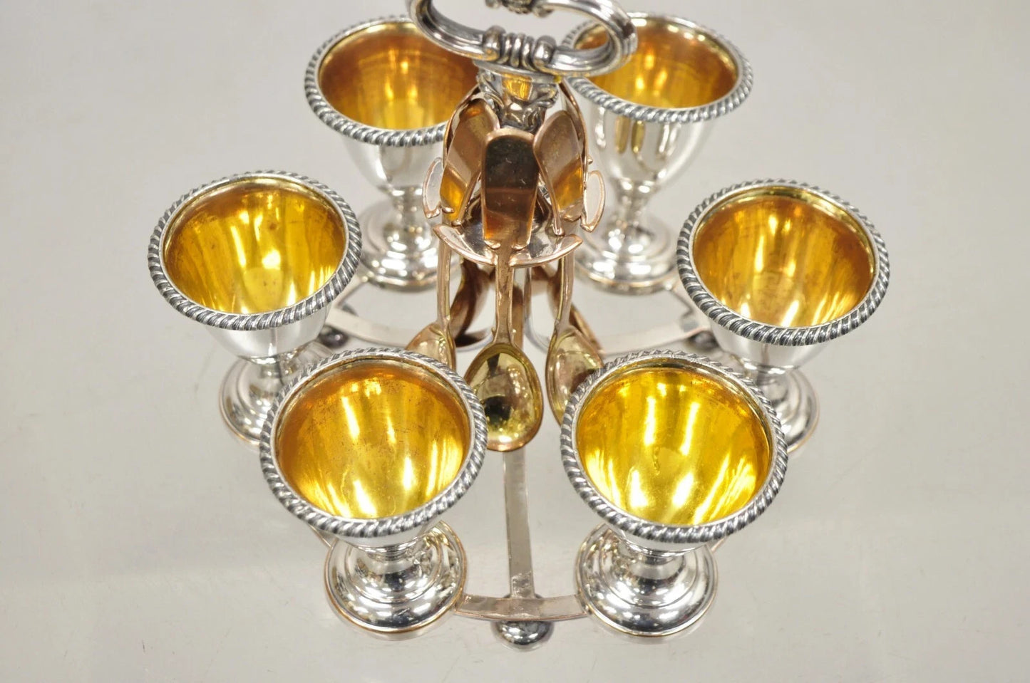 Antique English Victorian Silver Plated Egg Server w/ Spoon Set - Service for 6