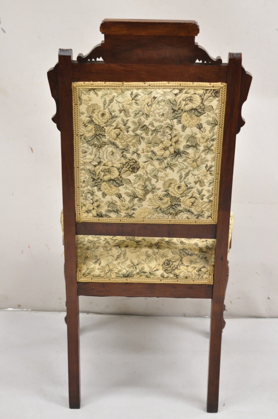 Antique Eastlake Victorian Carved Walnut Parlor Side Chair with Floral Tapestry