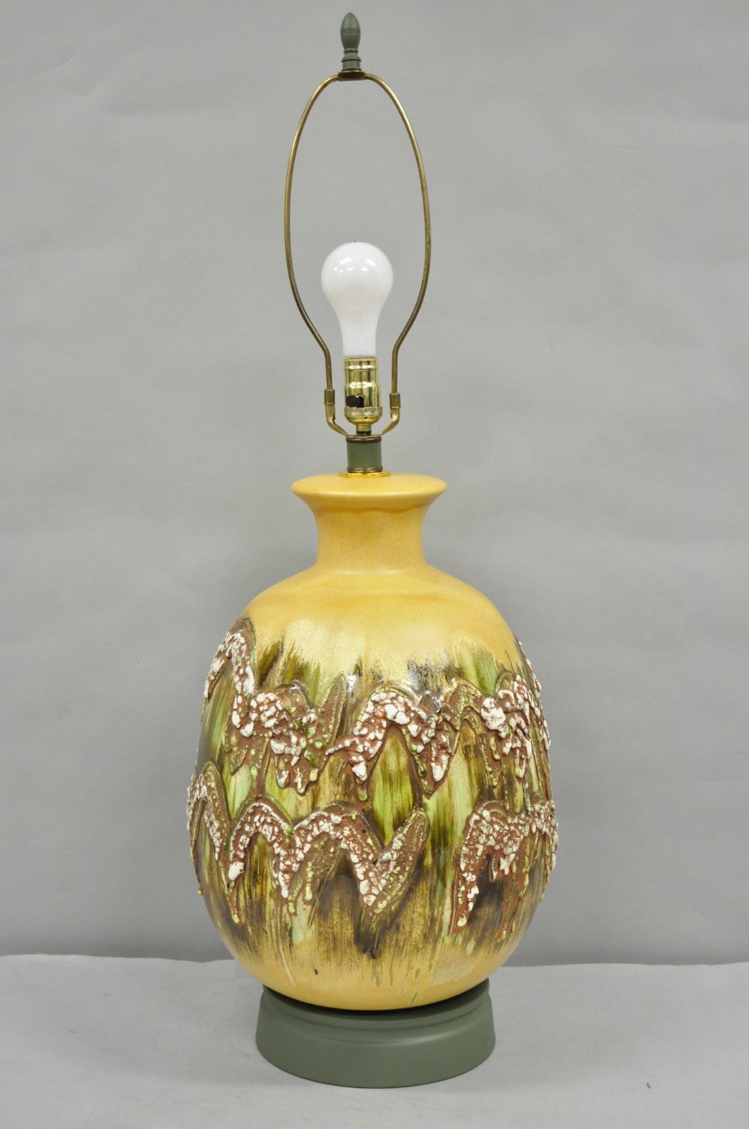Mid Century Modern Large Volcanic Glazed Pottery Yellow & Green Table Lamp