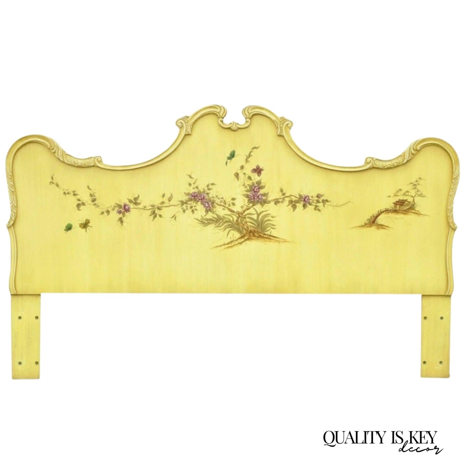 Vintage Chinoiserie Yellow Painted King Size Bed Headboard by Union National