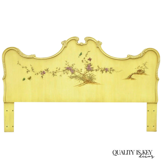 Vintage Chinoiserie Yellow Painted King Size Bed Headboard by Union National