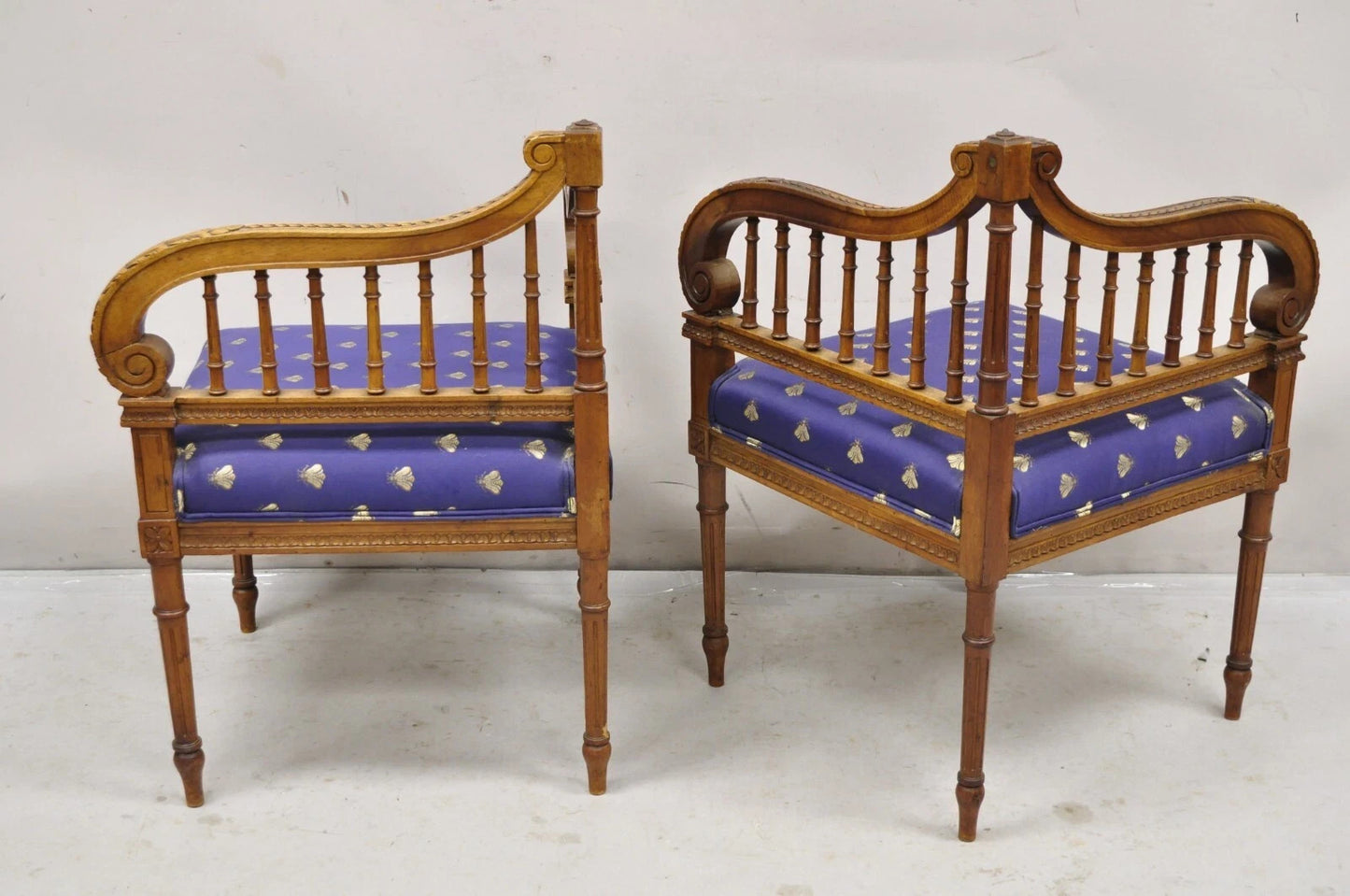 Antique French Louis XVI Style Carved Walnut Lyre Harp Corner Lounge Chair Pair