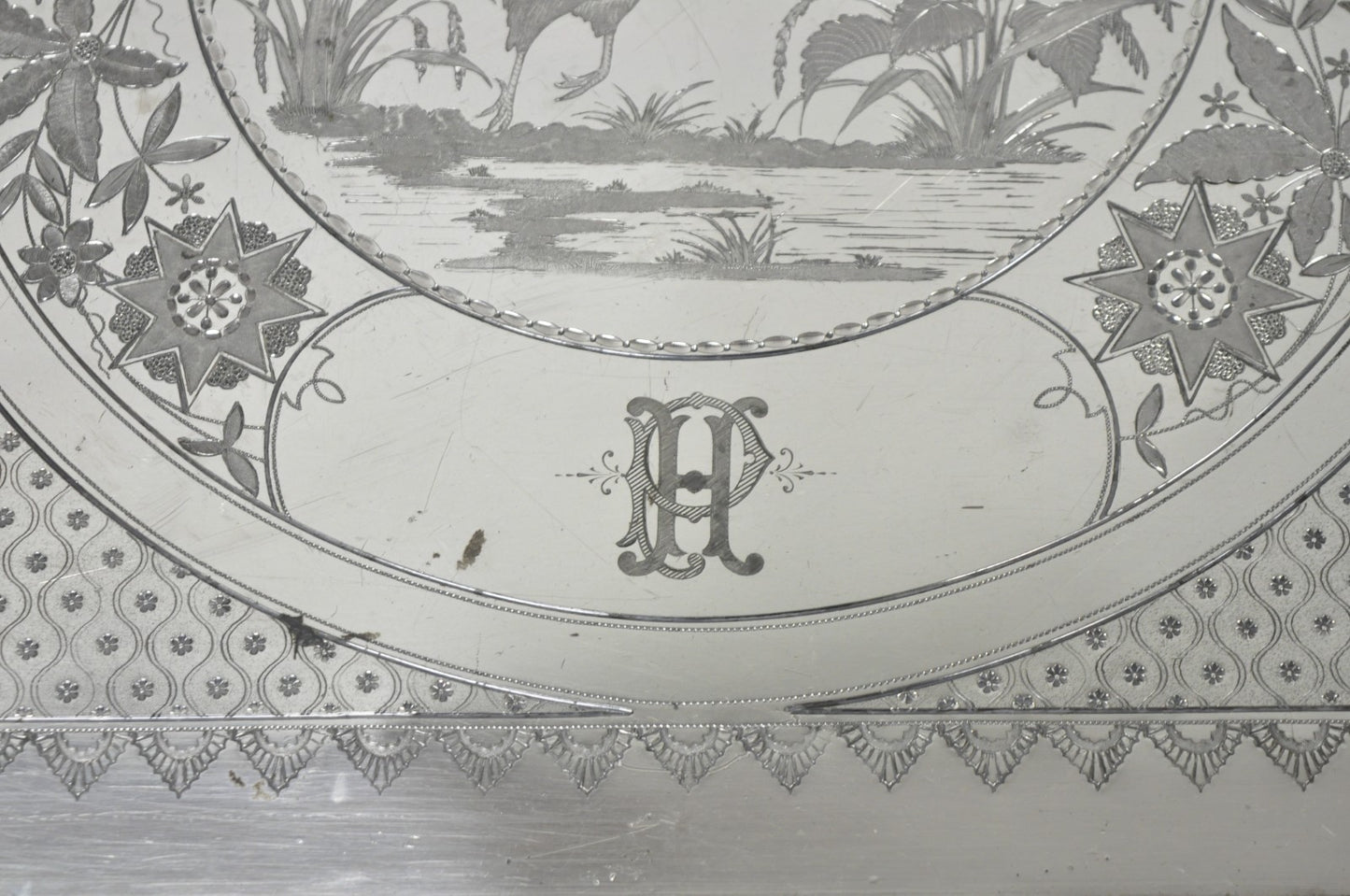 Antique Rogers Smith & Co Art Nouveau Large Silver Plated Crane Bird Etched Tray
