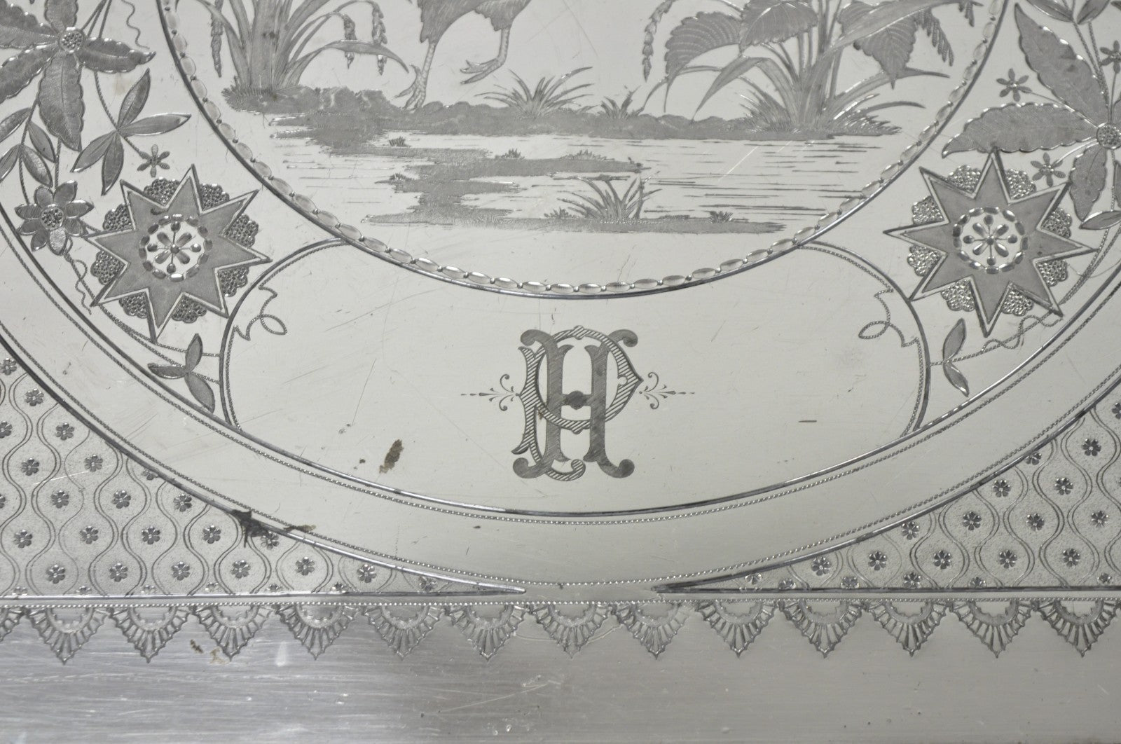 Antique Rogers Smith & Co Art Nouveau Large Silver Plated Crane Bird Etched Tray