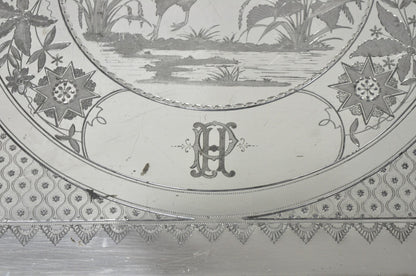 Antique Rogers Smith & Co Art Nouveau Large Silver Plated Crane Bird Etched Tray