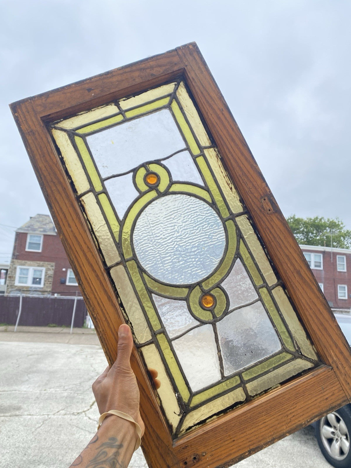 Antique Victorian Green Stained Glass Window Orange Jewel in Wood Frame Set of 3