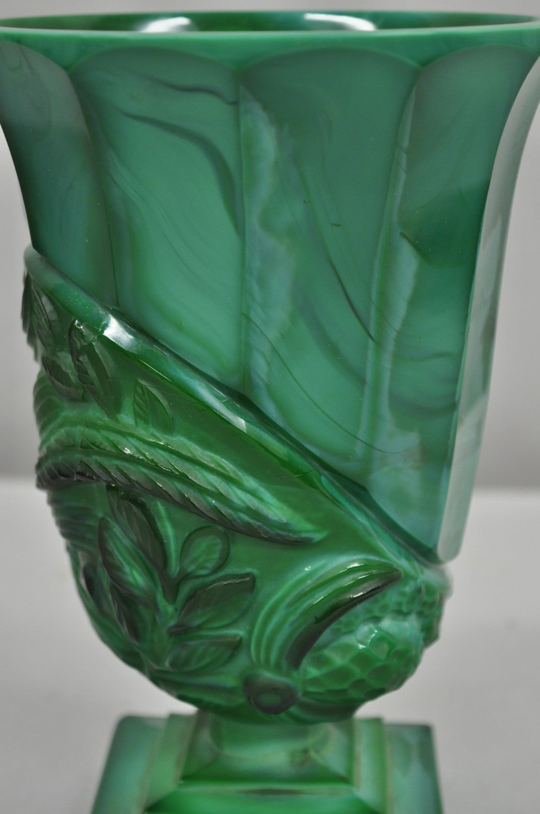 Antique Art Deco Malachite Jade Green Czech Glass Pedestal Vase with Bird