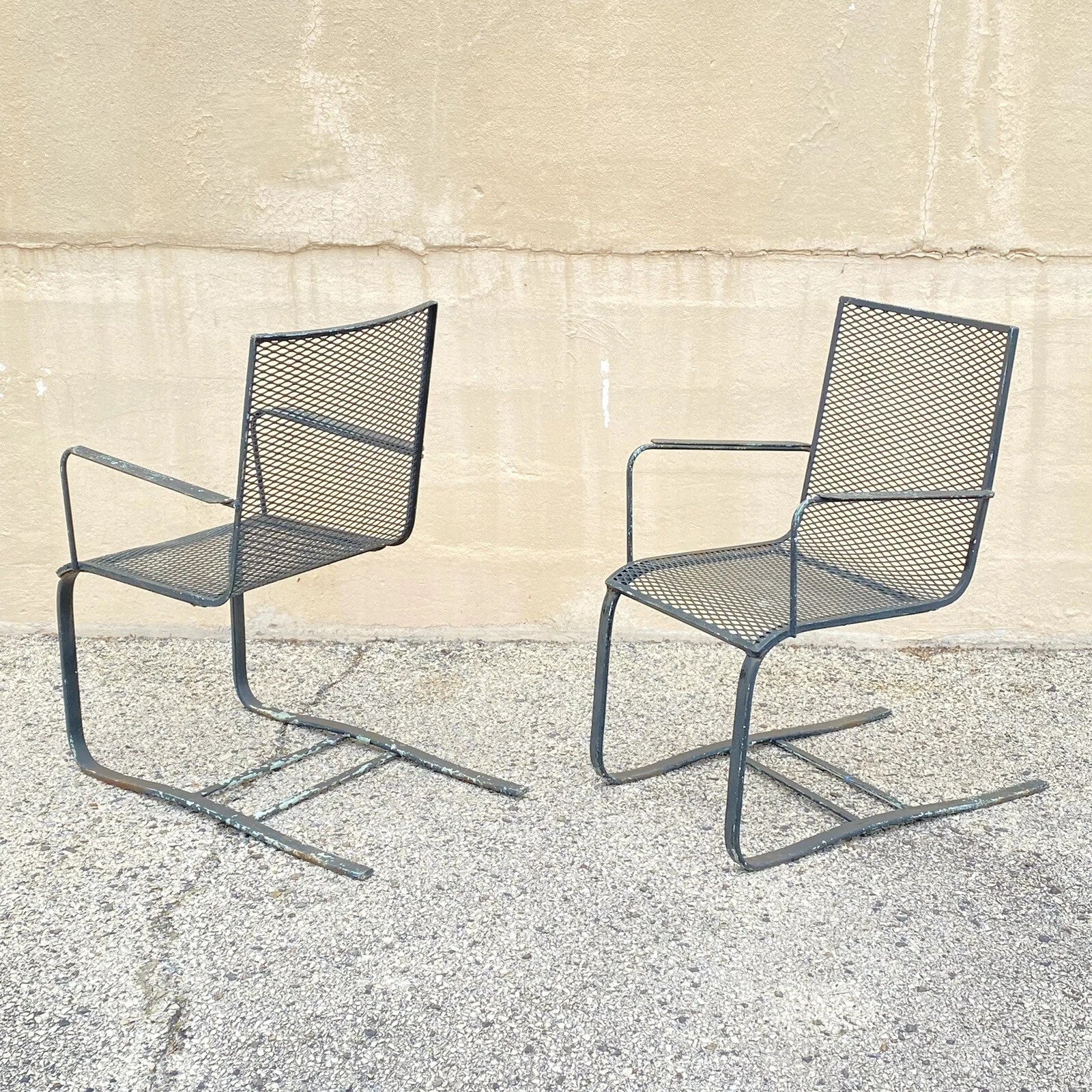 Mid Century Modern Wrought Iron Metal Mesh Cantilever Garden Patio Chair - Pair