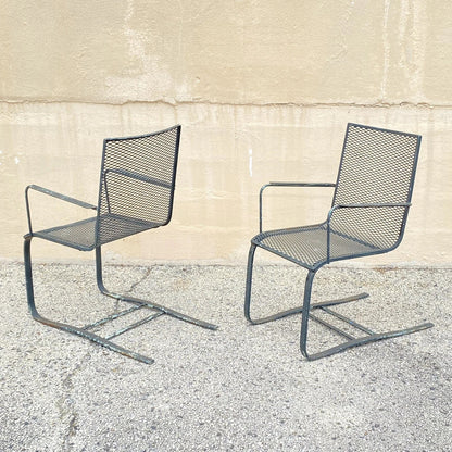 Mid Century Modern Wrought Iron Metal Mesh Cantilever Garden Patio Chair - Pair