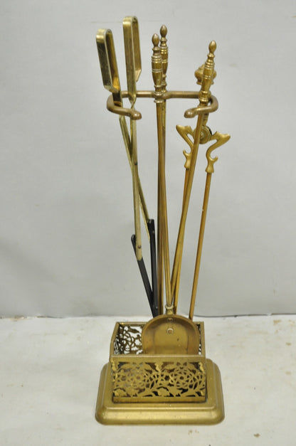Antique English Federal Brass Urn Finial Fireplace Tool Set with Stand
