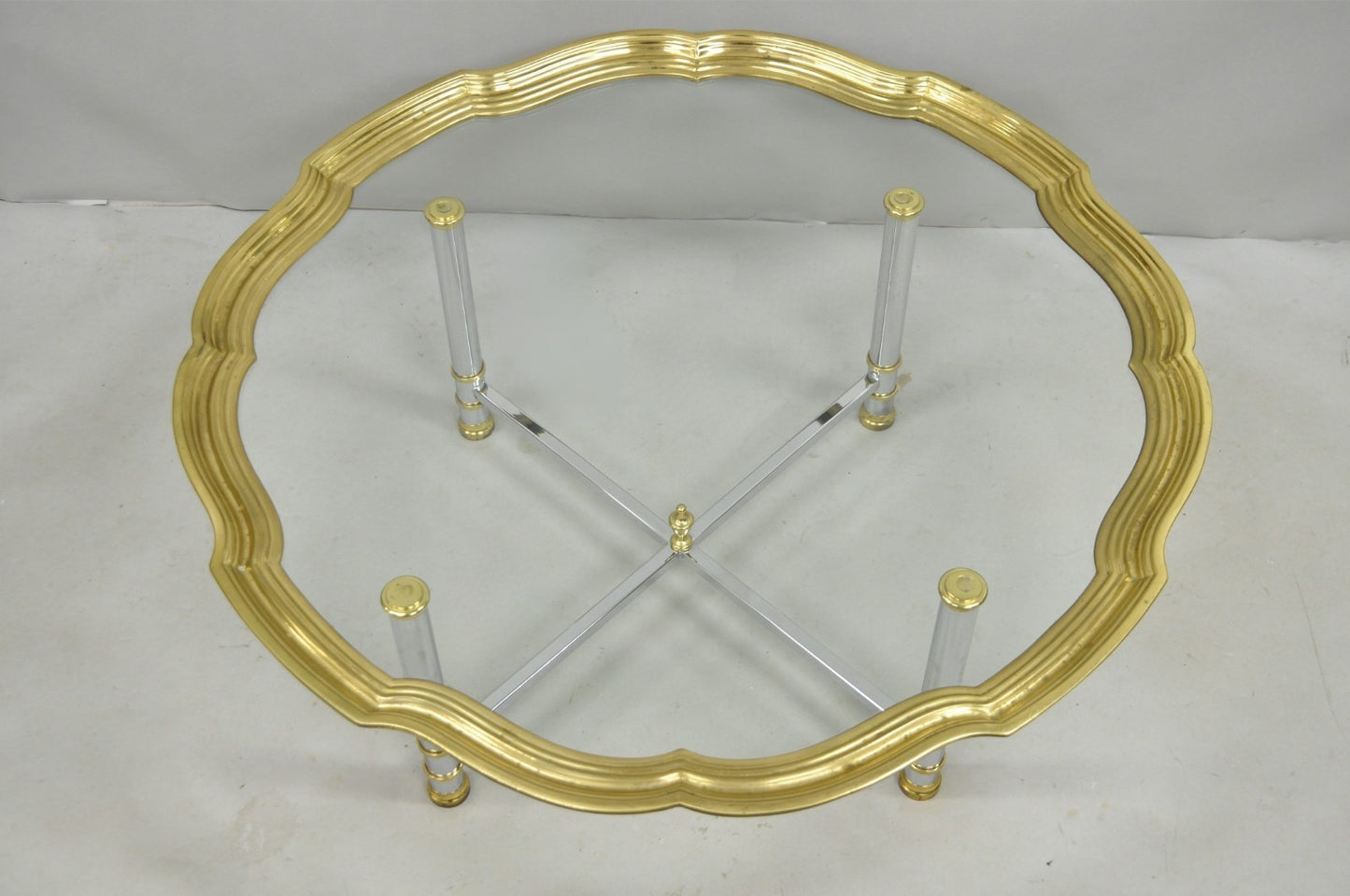 Vintage Maison Jansen Style Steel & Brass Scalloped Glass Tray Top Coffee Table