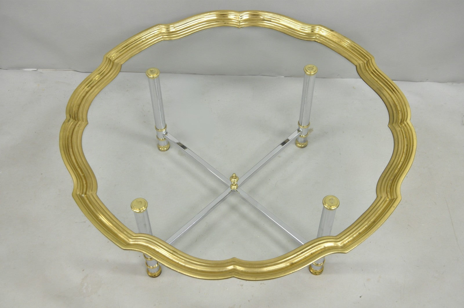 Vintage Maison Jansen Style Steel & Brass Scalloped Glass Tray Top Coffee Table