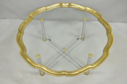 Vintage Maison Jansen Style Steel & Brass Scalloped Glass Tray Top Coffee Table