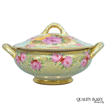 Antique Nippon Hand Painted Gold Gilt Porcelain Green Moriage Covered Sugar Bowl