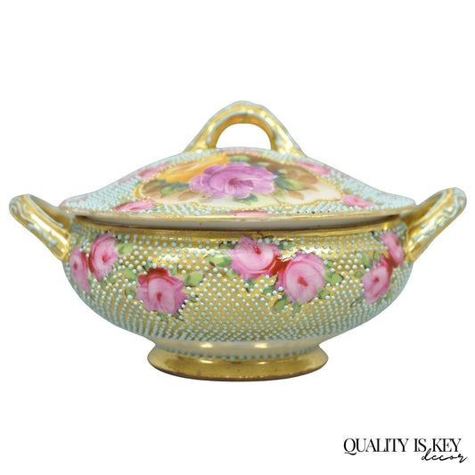 Antique Nippon Hand Painted Gold Gilt Porcelain Green Moriage Covered Sugar Bowl