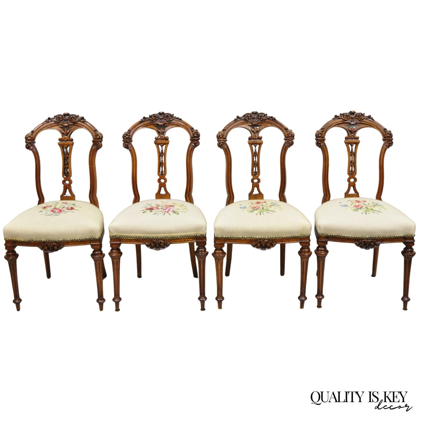 Antique Victorian Carved Walnut French Tapestry Parlor Side Chairs - Set of 4