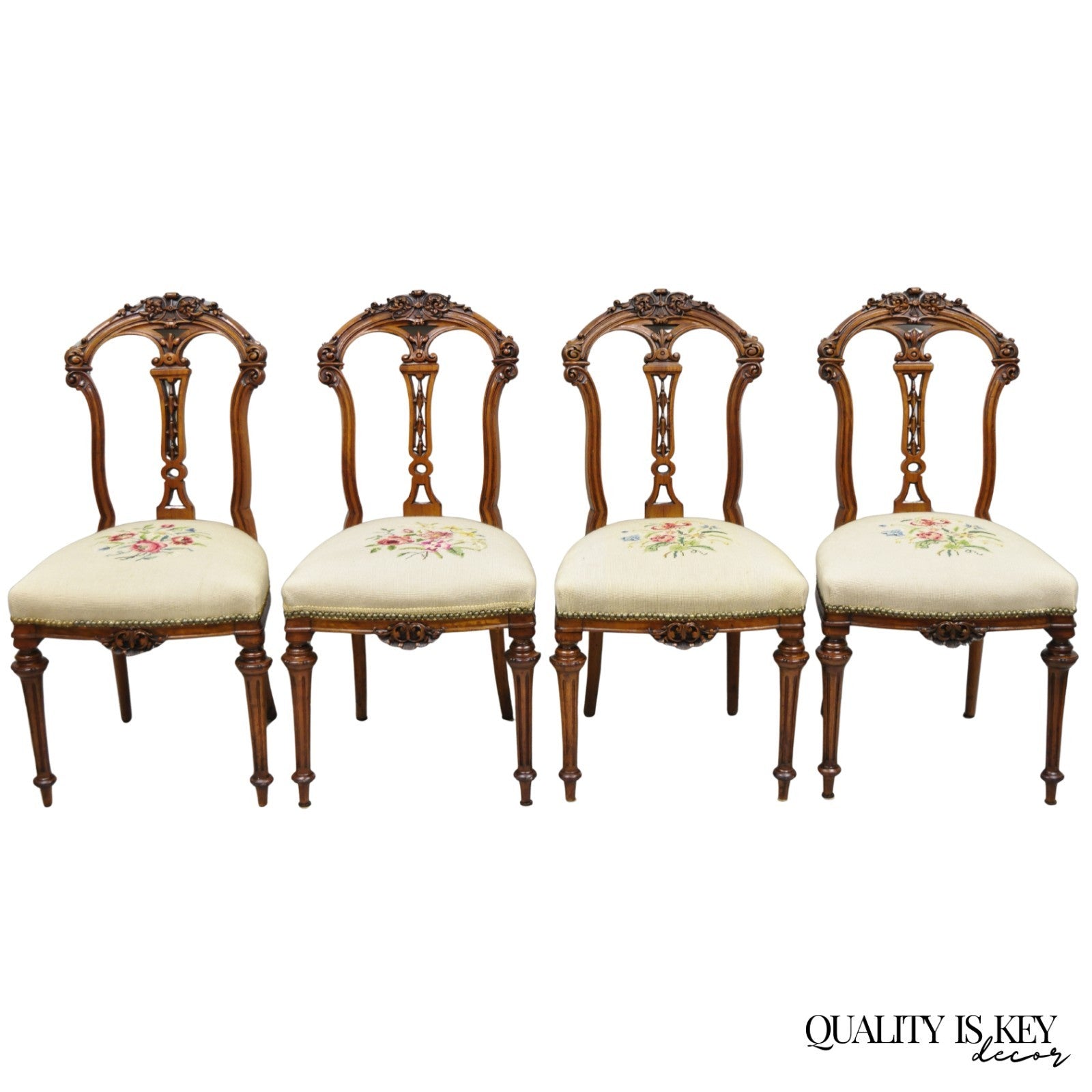 Antique Victorian Carved Walnut French Tapestry Parlor Side Chairs - Set of 4