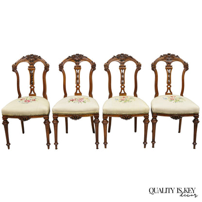 Antique Victorian Carved Walnut French Tapestry Parlor Side Chairs - Set of 4