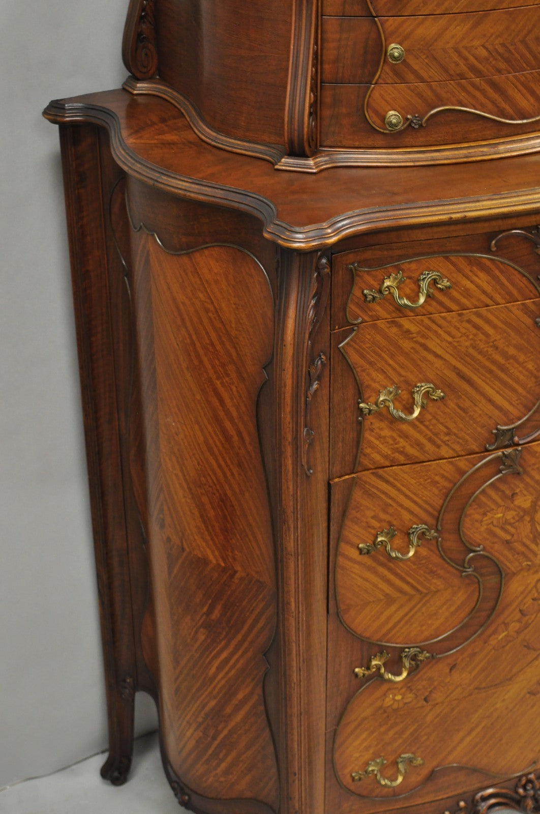 Antique French Louis XV Carved Walnut Satinwood Inlay Highboy Tall Chest Dresser
