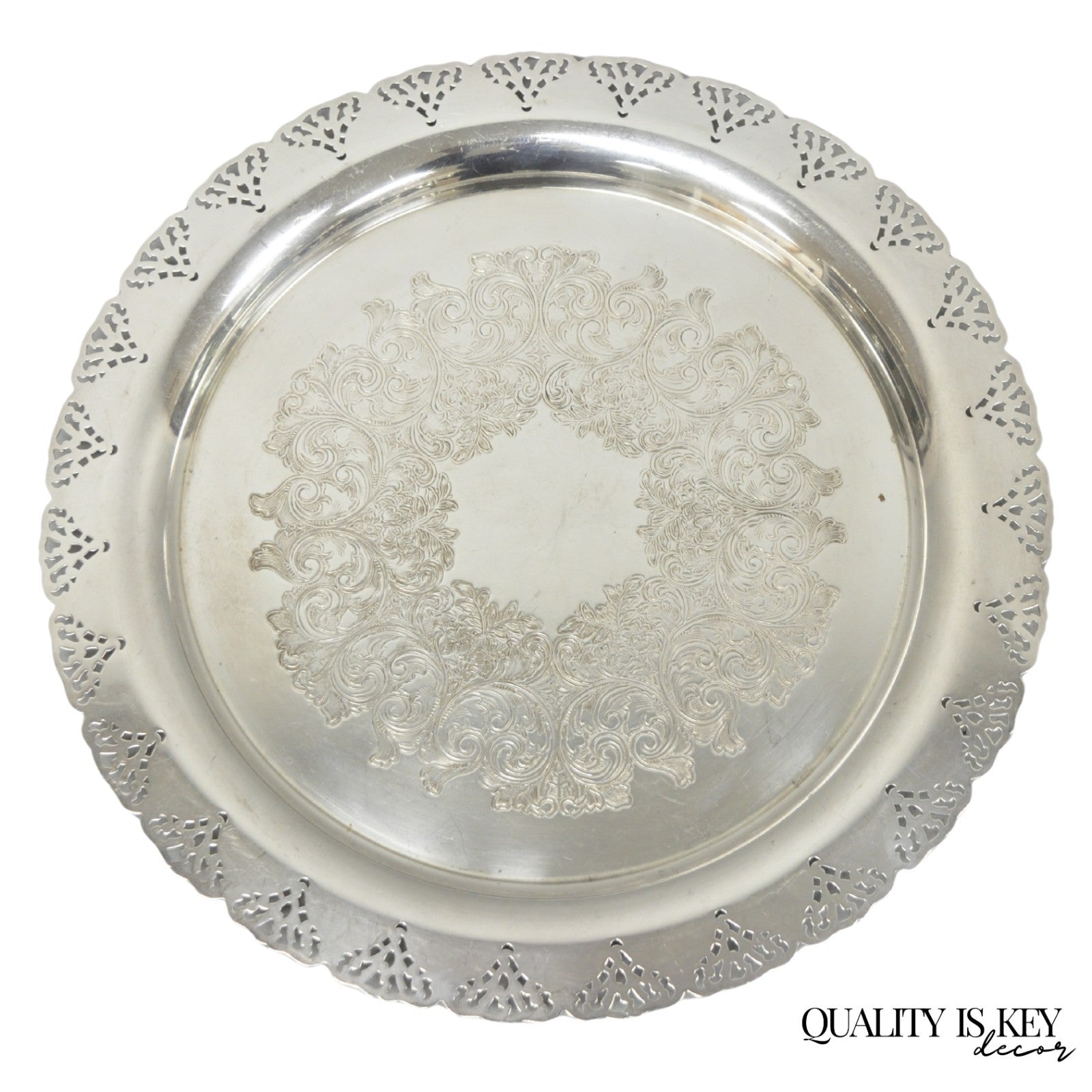 Vintage Victorian Style Round Silver Plated 15" Bar Serving Platter Tray