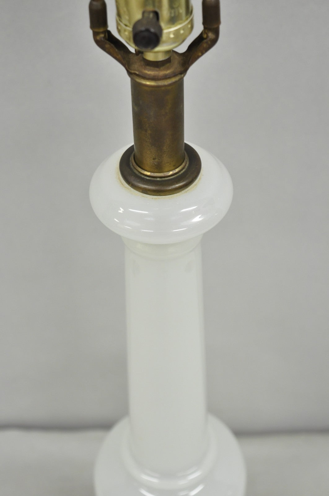 Vintage French Neoclassical White Opaline Glass Column Brass Mounted Table Lamp