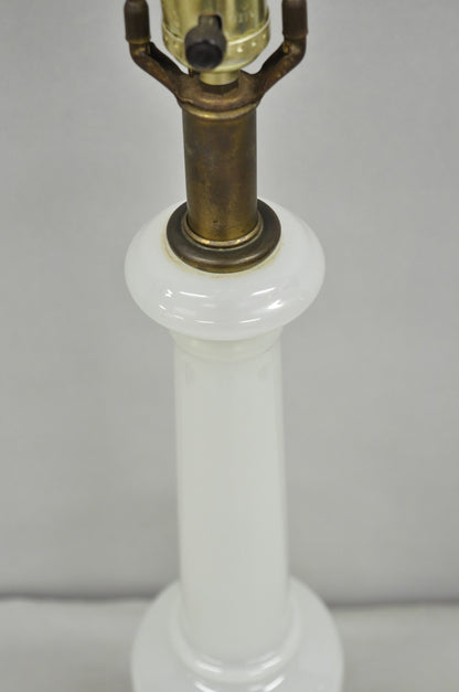 Vintage French Neoclassical White Opaline Glass Column Brass Mounted Table Lamp