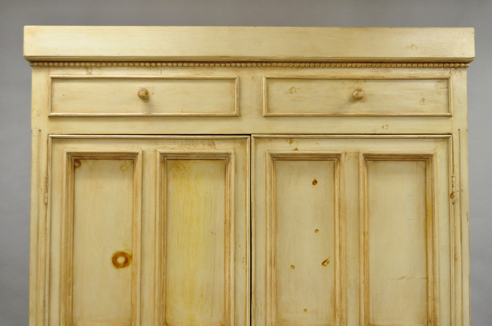 French Country Provincial Distressed Knotty Pine Wood 2 Part Cupboard Cabinet