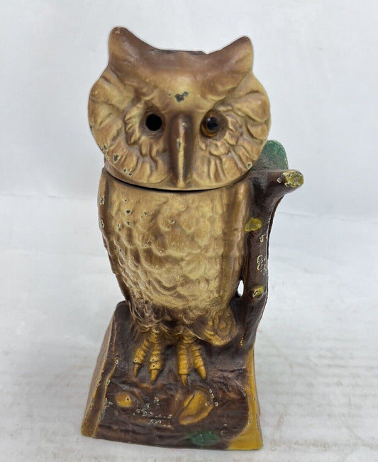 Vintage Cast Iron Owl Mechanical Coin Bank - Book of Knowledge Collection