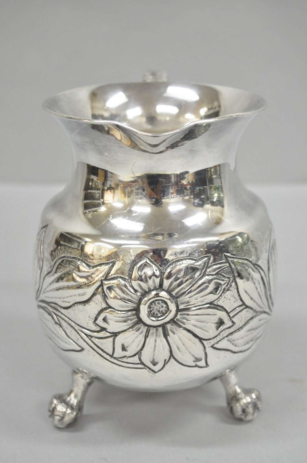 Vintage Art Nouveau Floral Repousse Silver Plated Footed Water Pitcher