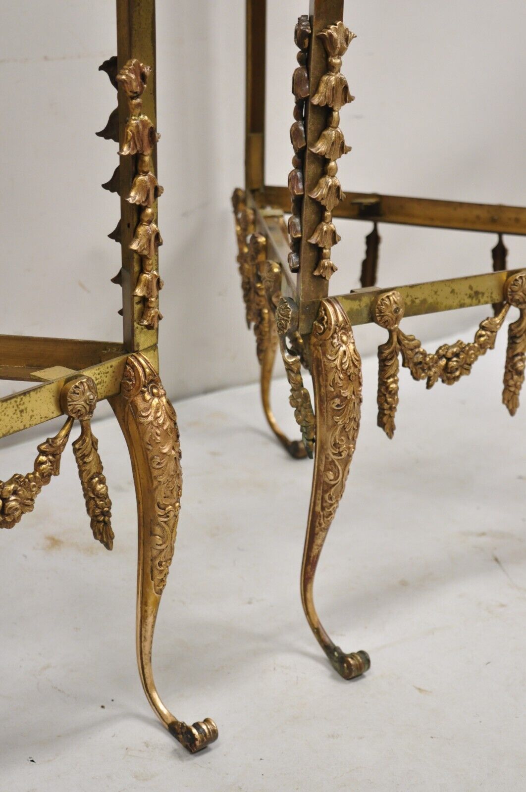 Vintage French Hollywood Regency Ornate Brass Triangular Etagere Stands - Pair
