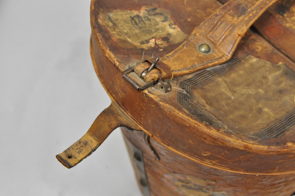 English Art Deco Brown Leather Travel Case Suitcase w/ Stickers & Beaver Top Hat