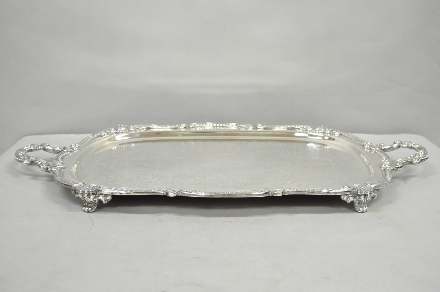Antique English Victorian Silver Plated Ornate Twin Handle Bar Tray by BSC
