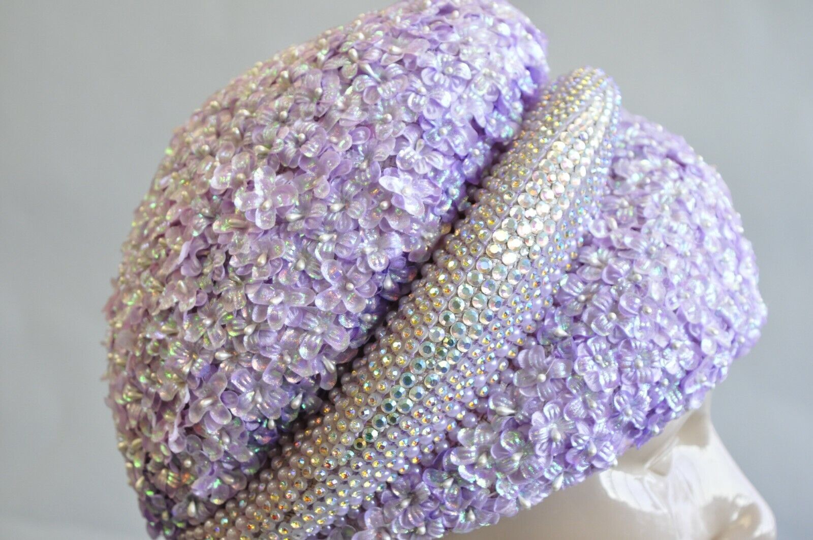 Vintage Bina Fashion Hats Purple Lavender Floral Jeweled Beaded Church Derby Hat