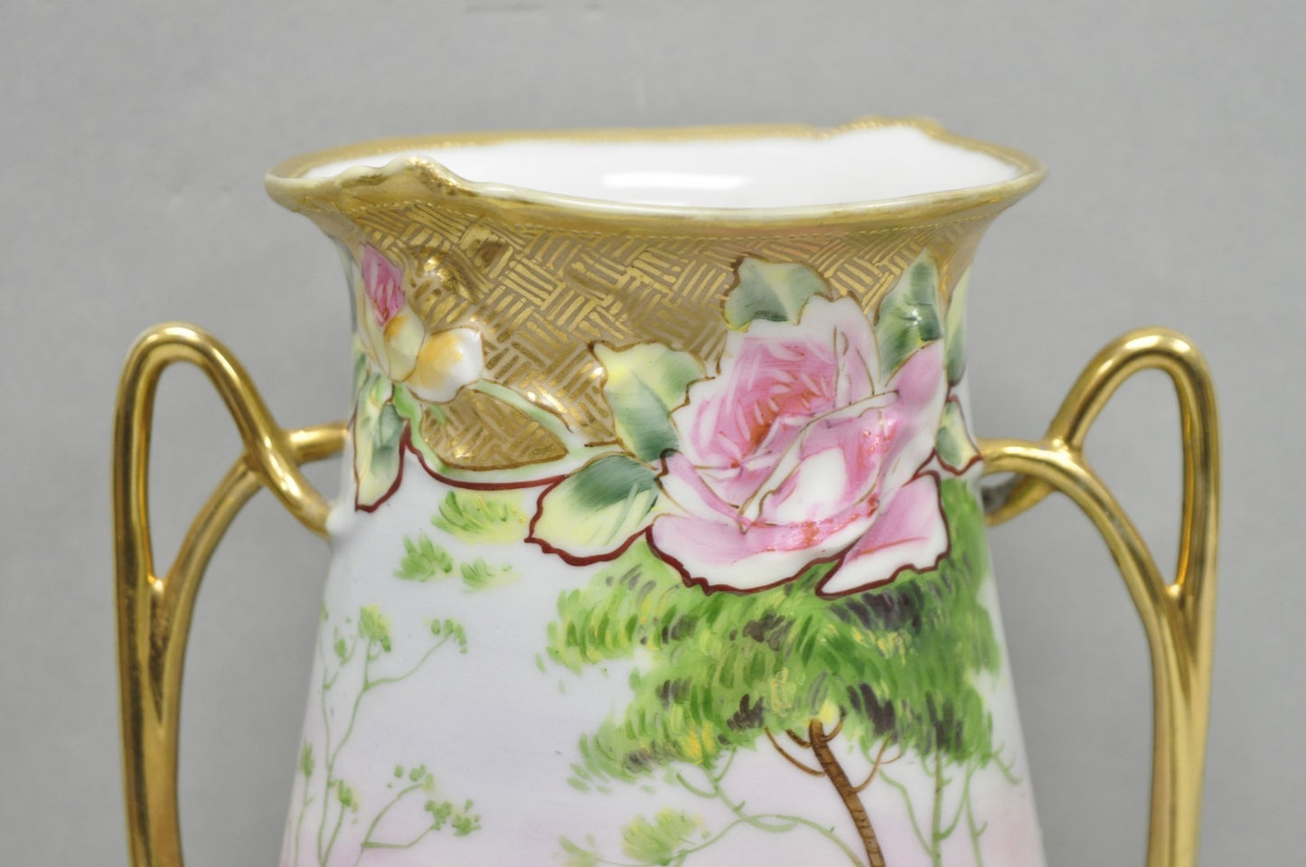 Antique Nippon Hand Painted Porcelain Twin Handle Vase w /Flowers & Lake Scene